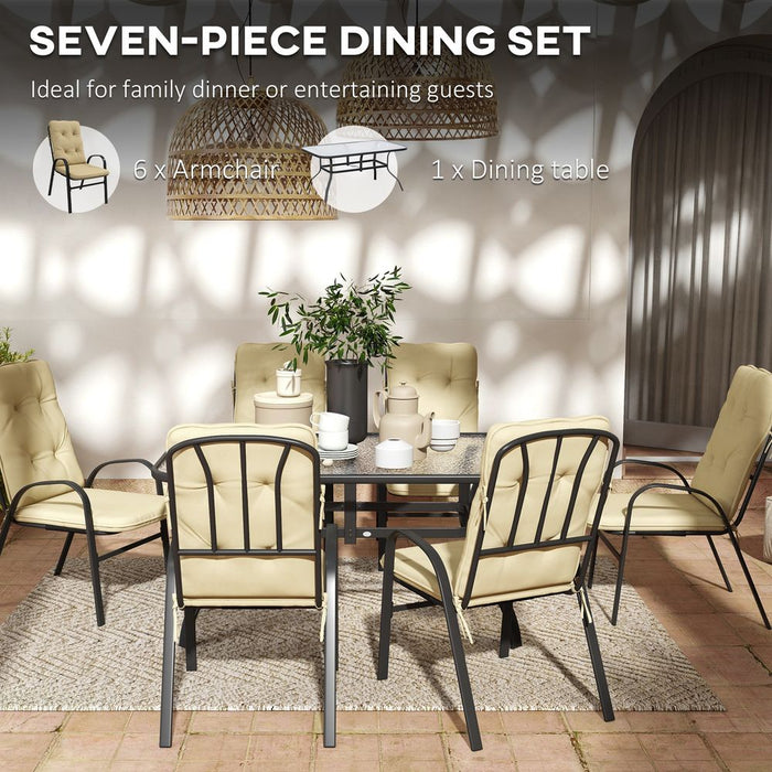 Outsunny 7 PCs Garden Dining Set, Glass Table w/ Umbrella Hole & Cushion, Beige