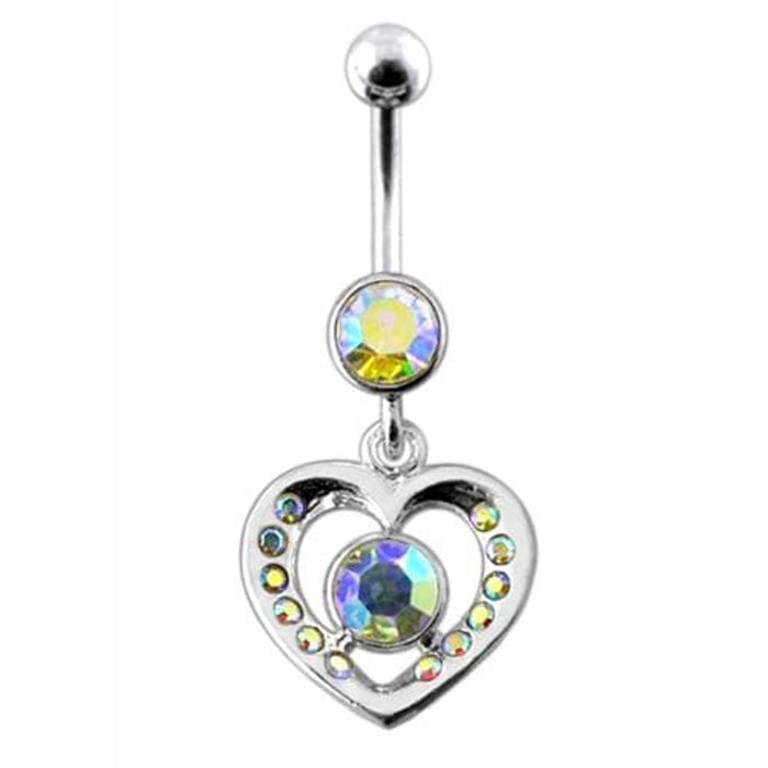 Fancy Jeweled Heart And Centered Stone Dangling Belly Ring Body Jewelry