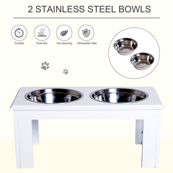 PawHut Stainless Steel Raised Dog Feeding Bowls with Stand for Extra Small and Small Dogs Elevated Twin Pet Bowls Water Food Feeder 58L x 31W x 25H cm - White