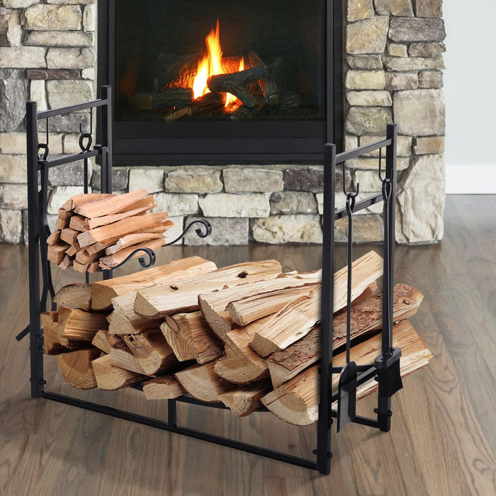 Premium Firewood Stand & 4-PC Fireplace Tools Set - 84cm Log Rack Holder - High-Quality, Durable Metal Construction