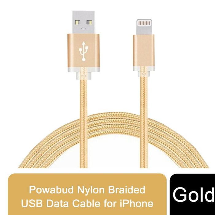 FX Powabud Nylon Braided USB Data Cable - Gold - Fast Charging - Compatible with iPhone & iPad