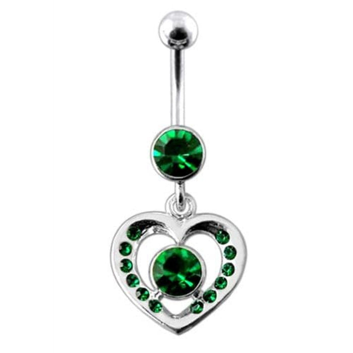 Fancy Jeweled Heart And Centered Stone Dangling Belly Ring Body Jewelry