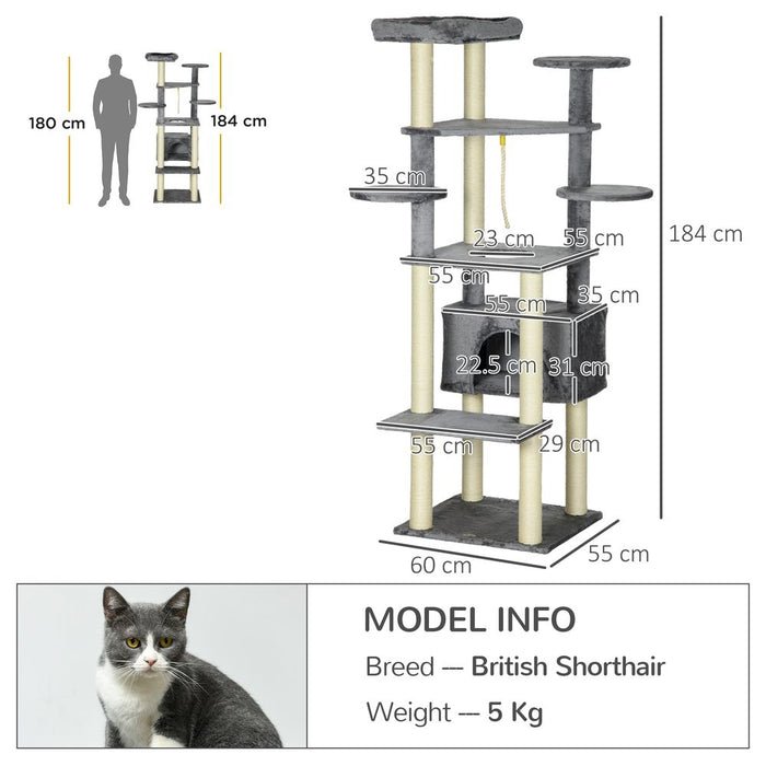 PawHut 184cm Cat Tree - Modern Grey Cat Tower, Bed, Scratching Post, & Play Rope