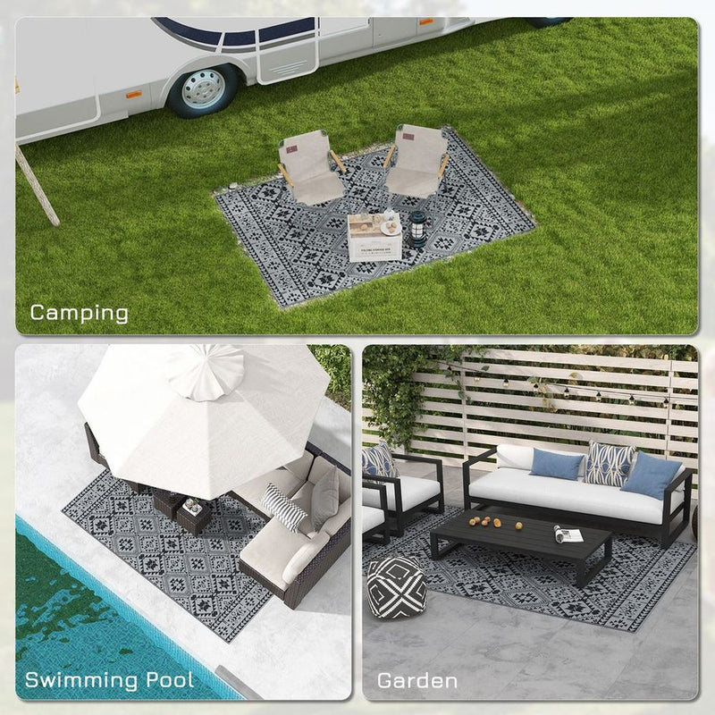 Outsunny Reversible Waterproof Outdoor Rug, 182 x 274cm | Black | Carry Bag