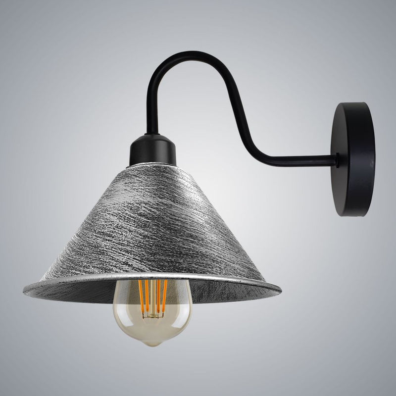 Vintage Silver Wall Sconce - Cone Shape Shade, Swan Neck Arm, Dimmable, E27 Base - Perfect for Indoor Lighting