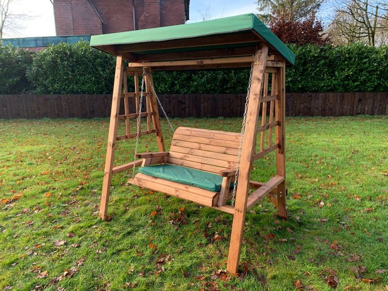 Dorset Two Seat Swing Green - Hand-finished, FSC wood swing with removable roof cover. Made in Britain. Rustproof. 10-year guarantee.