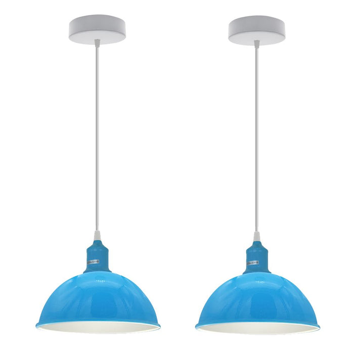 Blue Dome Pendant Lights - 2 Pack, Sturdy Metal, Loft Style, 21cm, Spray Painted, Inner White