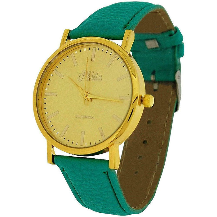 Relda Women Analogue Gold Dial & Green Leather Strap Watch