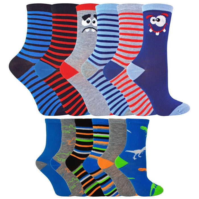 Vibrant Boys 6 Pack Socks - Silly Faces & Dinosaur Designs