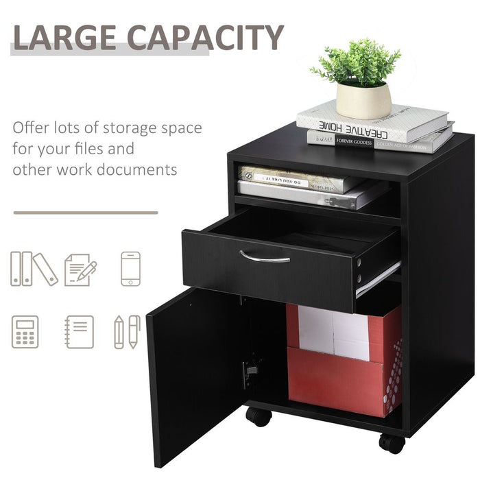 HOMCOM 60cm Storage Cabinet w/Drawer Open Shelf Metal Handles 4 Wheels Office Home Organiser Mobile Printer Black