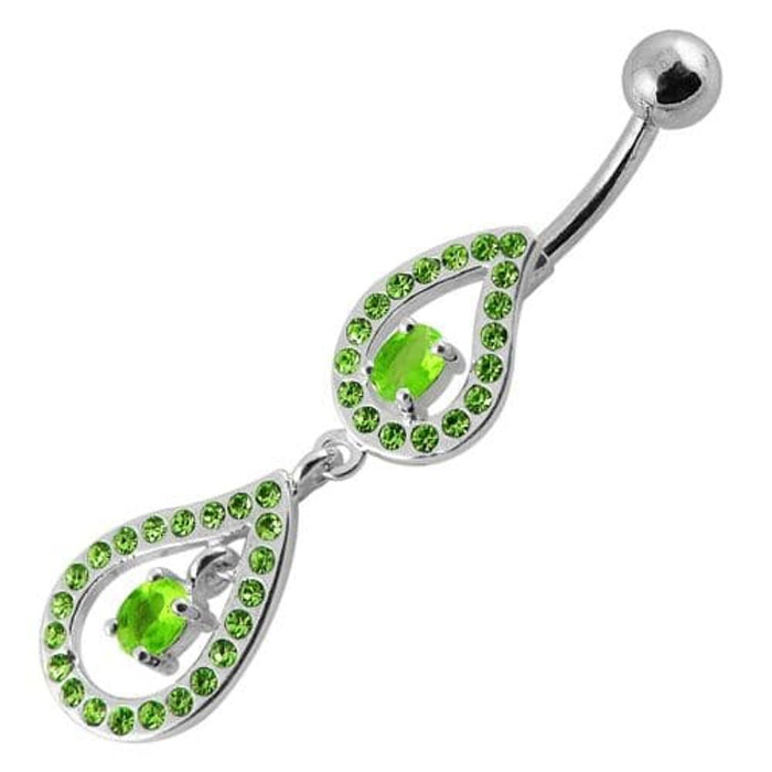 Fancy Pear Shape Jeweled Dangling SS Bar Navel Ring