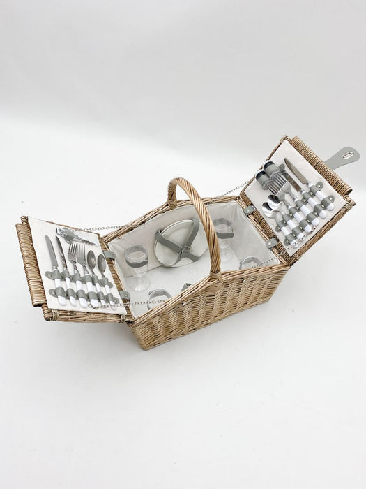 Premium 45cm Willow Picnic Basket - Removable Cooler Bag, Cutlery, Plates, Bottle Opener, Salt & Pepper Shakers, Acrylic Glasses