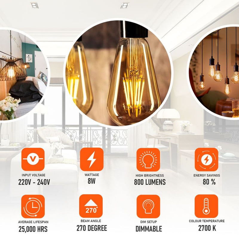 E27 LED Edison Dimmable Vintage Amber Glass Light Bulb - 2 Pack, Warm White 2700K - Professional Quality