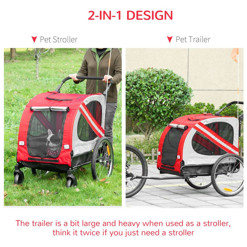 PawHut Dog Bike Trailer 2-in-1 Pet Stroller Cart Bicycle Carrier Attachment for Travel in steel frame with Wheels Hitch Coupler Reflectors Flag Red