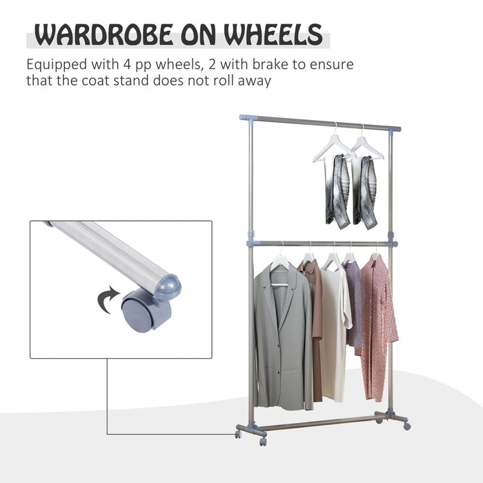 Clothes Hanger W/Wheels, Heavy Duty-Silver/Grey