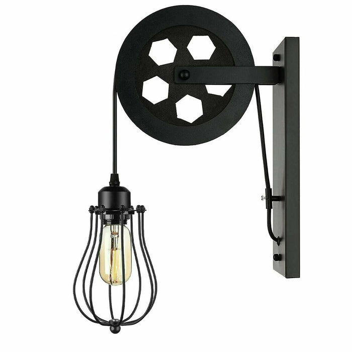 Retro Industrial Pulley Wheel Wall Light Fixture Metal Cage Indoor Light