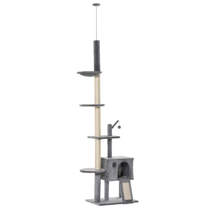 Floor-to-Ceiling Cat Tree Tower w/ Scratching Post, Hammock, House - Grey