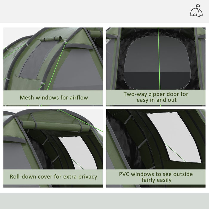 Outsunny 3-4 Persons Tunnel Tent, Two Room Camping Tent w/ Windows, Green