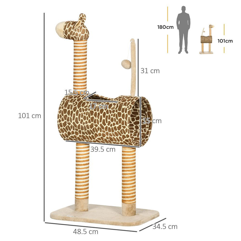 PawHut Cat Tree for Indoor Cats Cute Giraffe Kitten Play Tower w/Scratching Posts, Tunnel, Toy Ball, 48.5 x 34.5 x 101cm - Beige