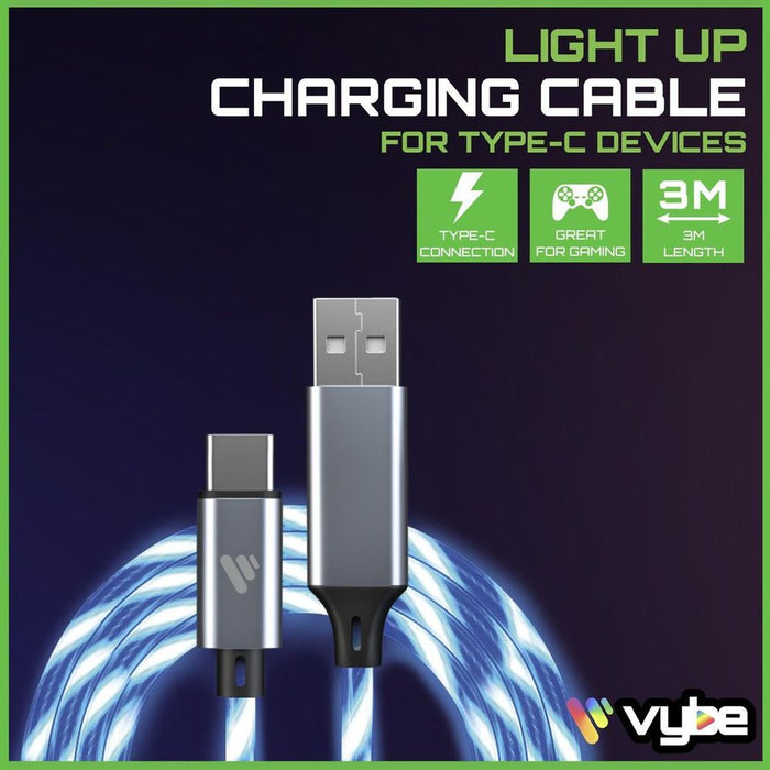 Vybe Gaming Light Up Charging Cable - 3M - Type-C - Blue - Compatible with Xbox, PlayStation, and More