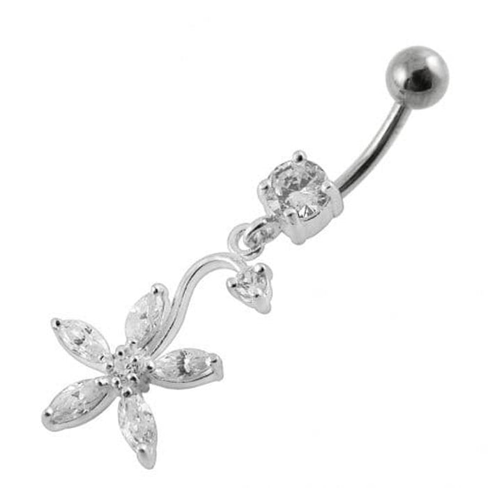 Fancy Multi Stones Flower Dangling Curved Navel Ring