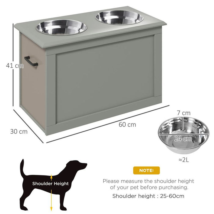 Elevated Pet Dog Bowls with Storage, 2 Bowls - Grey