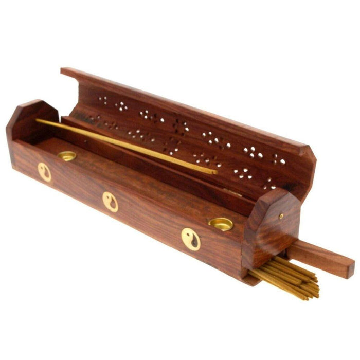 High-Quality Wooden Incense Stick Holder - Ash Catcher Box - Brass Inlay - Burn Joss Incense - Professional Seller