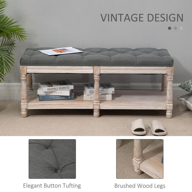 HOMCOM 2-Tier Bed End Bench, Vintage Stool, Wooden Window Seat with Storage Shelf, Button Tufted Upholstered Footstool for Living Room, Bedroom, Entryway, Grey