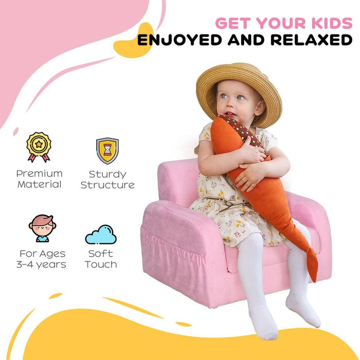 HOMCOM 2 In 1 Kids Armchair Sofa Bed Fold Out Padded Wood Frame Bedroom Pink