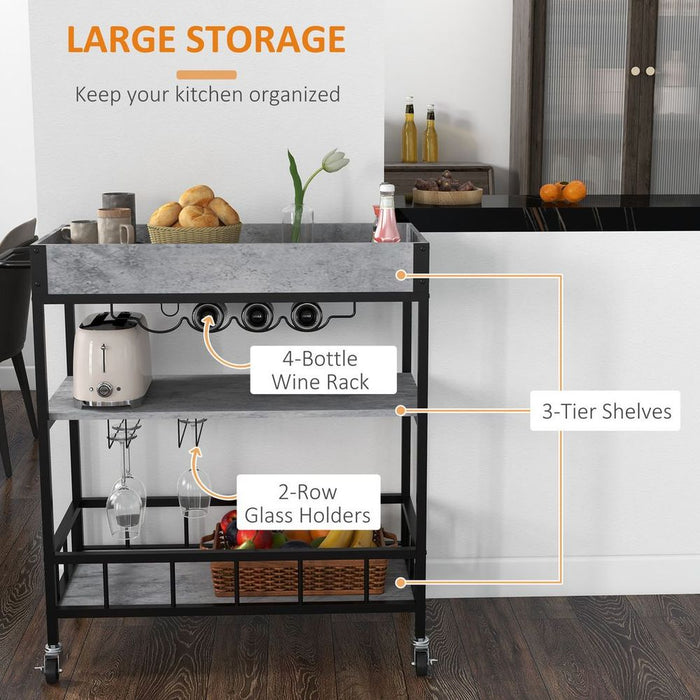 Premium HOMCOM Bar Cart: Industrial 3-Tier Kitchen Trolley with Wine Rack, Wheels for Easy Mobility