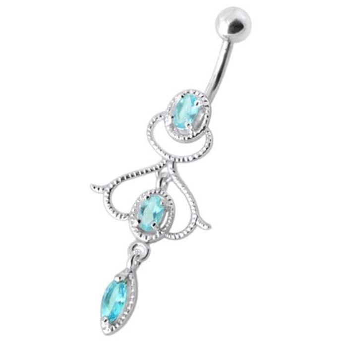 Fancy Jeweled Silver Dangling With Banana Bar Navel Ring