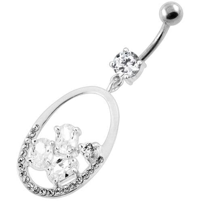 925 Sterling Silver Jeweled Oval Cut out Belly Ring