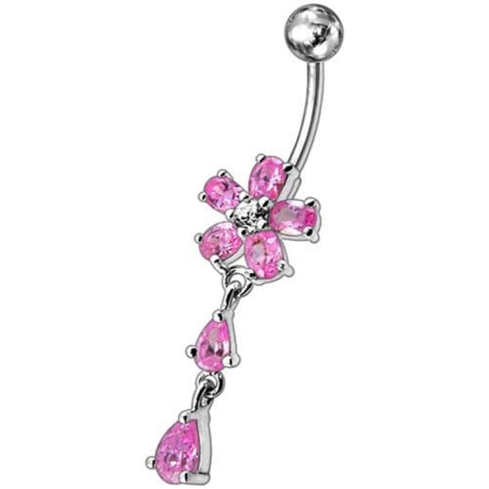 Fancy Jeweled Flower With Silver Dangling SS Bar Navel Ring