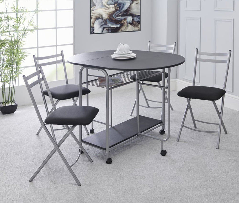 Stowaway 4 seat dining set - black/silver. Space-saving design. Drop-down panels, foldable chairs. Easy to move. Sturdy steel and MDF construction.