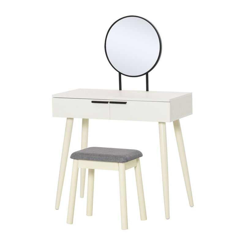 Deluxe Vanity Set - Elegant Dressing Table with Cushioned Stool, Round Mirror - White