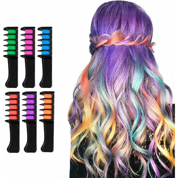 Vibrant 6pc Mini Hair Chalk Set: Instant Hair Colour Comb for Parties, Festivals, Cosplay - Safe & Easy to Wash Out