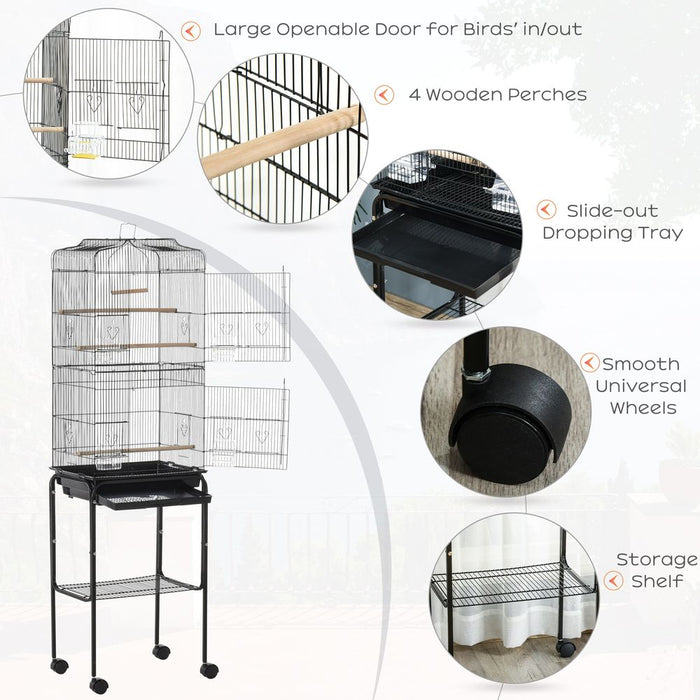 Bird Cage Metal Budgie Cages W/ Rolling Stand Slide-out Tray Storage Shelf Black