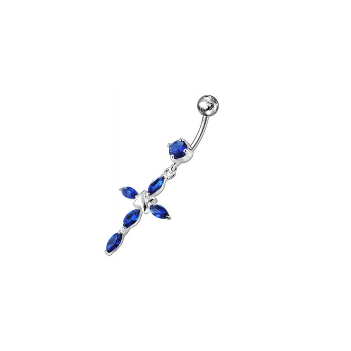 Jeweled Fancy Silver Flower Dangling SS Bar Banana Belly Ring