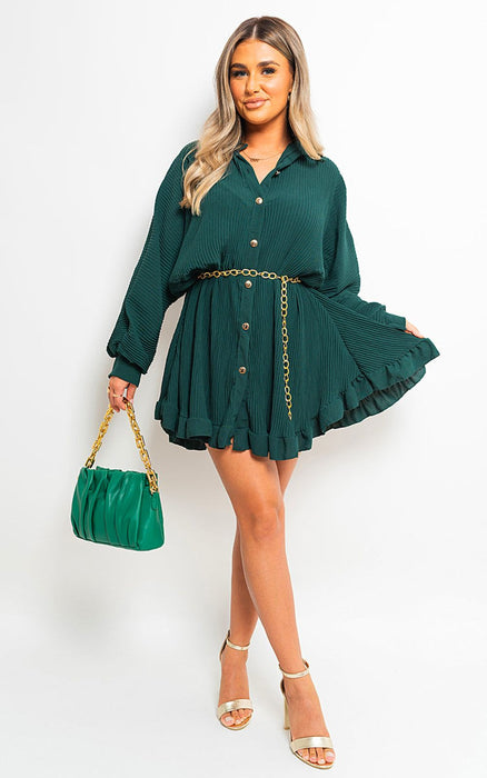 High-Quality Sofia Long Sleeve Pleated Button Up Mini Dress