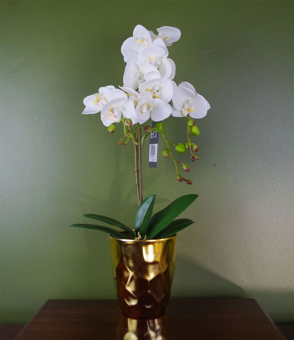 Premium 54cm White Orchid Plant - Realistic Artificial Flowers & Gold Pot