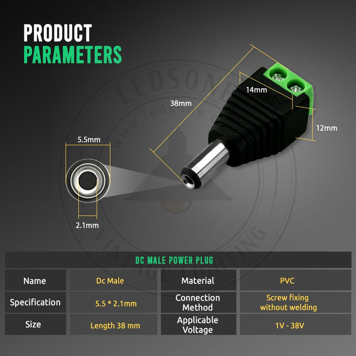 High-Quality Male DC Power Connector Plug for CCTV Camera LED Strip (Adapter Included)