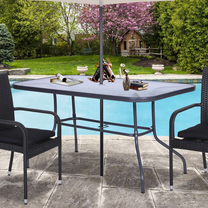 Aquatex Glass Garden Table: Curved Metal Frame, Parasol Hole, 4 Legs