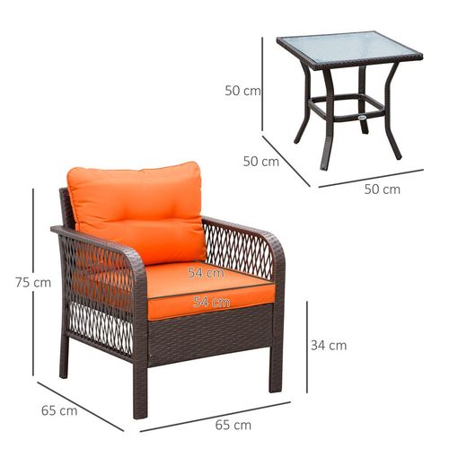 3 Pieces Patio Rattan Bistro Set with Tempered Glass Table Orange