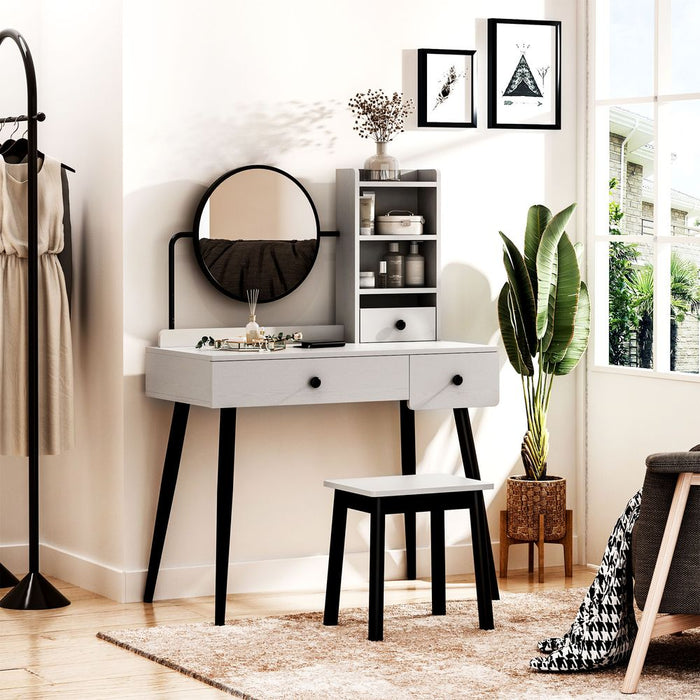 Premium Grey Dressing Table Set: 3 Drawers, Storage Shelves & Stool - High-Quality & Stylish