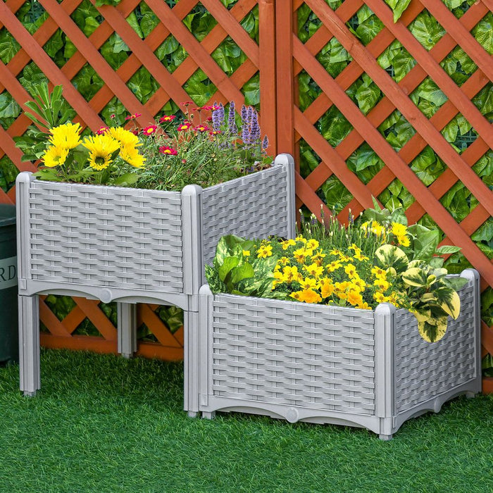 Outsunny Set of 2 Raised Outdoor Garden Planter Boxes | Rattan-Effect | Durable | Self-Watering | Easy Assembly