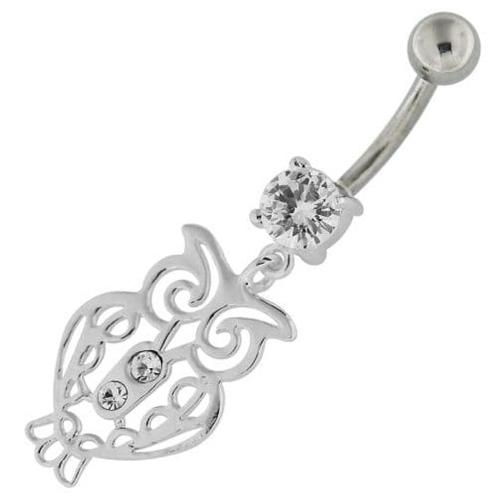 Sterling Silver Jeweled Owl Navel Belly Button Bar