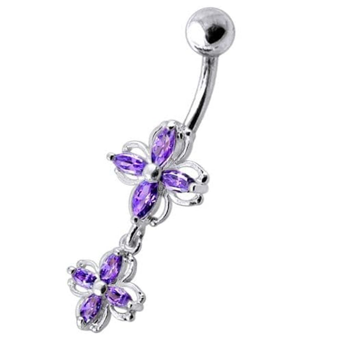 Fancy Silver Dangling  Jeweled SS Banana Navel Ring