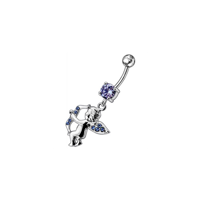 Jeweled Fancy  Angel Silver Dangling SS Bar Curved Belly Ring