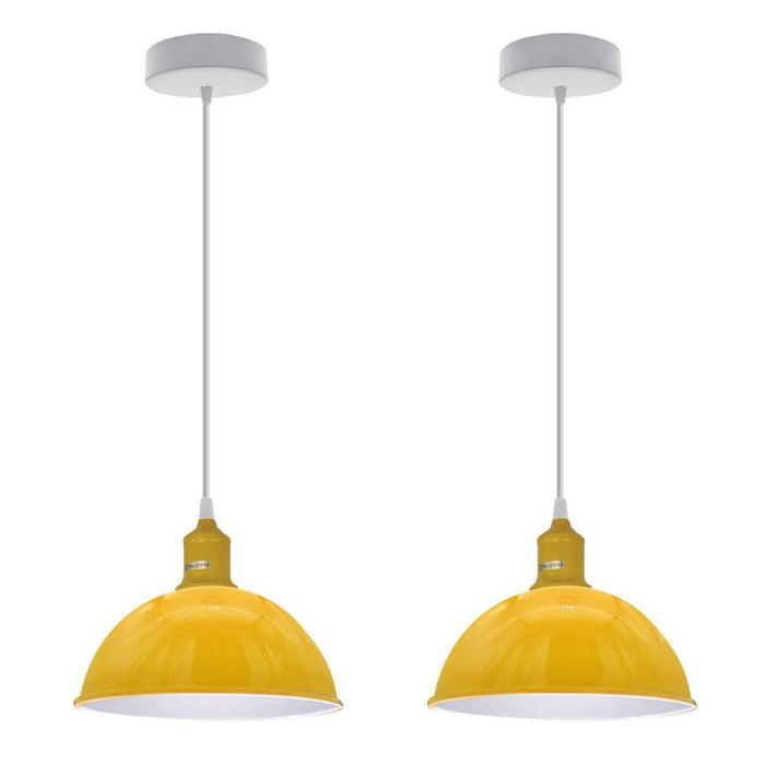 2Pack Yellow Dome Pendant Lights | Sturdy Metal | 21cm | White Inner | Spray Painted Finish