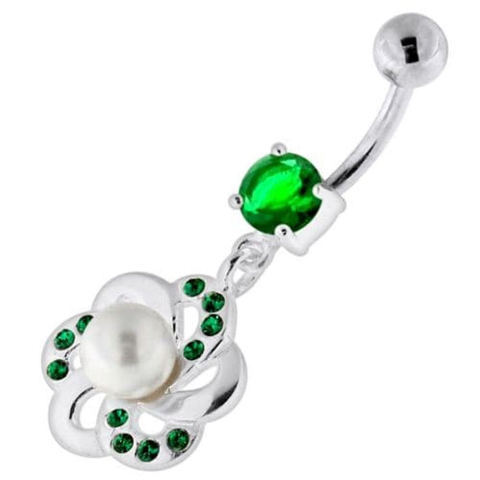 Jeweled Flower with Center Pearl Swirl Navel Belly Piercing